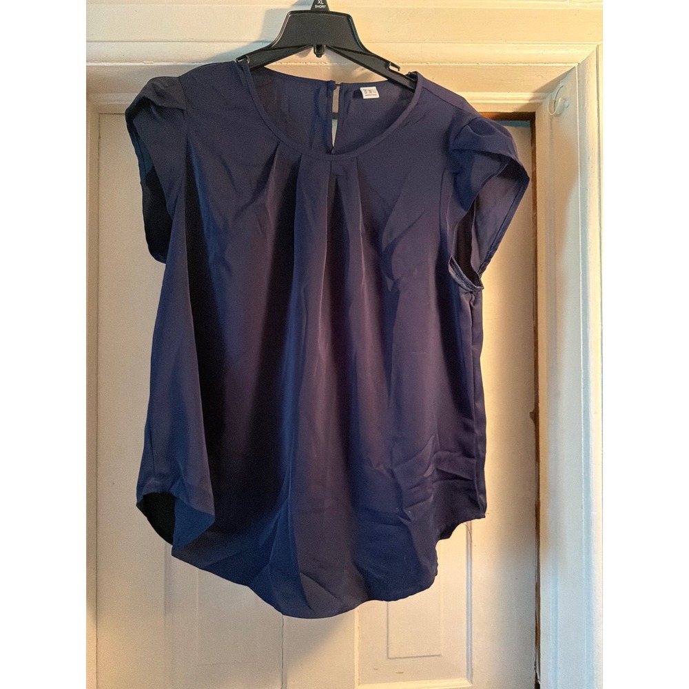 Navy Blue Pleated Neck Cap Sleeve Blouse Keyhole Back Top XXL